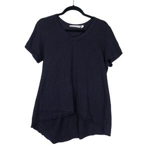 WILT Cotton Assymetric Hem Short Sleeve V-Neck Shirt Size L Blue Lagenlook‎ Boho